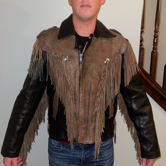 Vintage Black & Tan Fringed Leather Jacket Men’s Size 50 XL - Picture 2 of 4